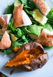 Crispy Chicken with Sweet Potatoes, Avodaco and Rocket