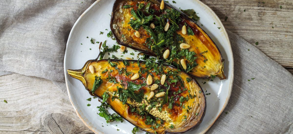 Grilled Aubergines with  Kale & Pine Nuts