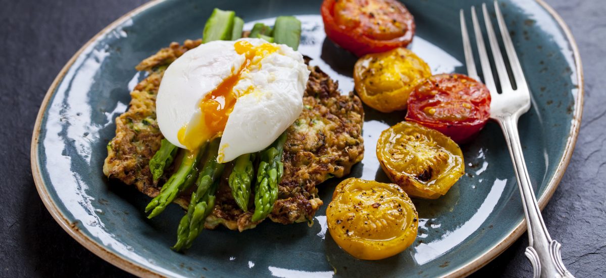 Eggs with Asparagus, Tomatoes & Courgette Pancakes